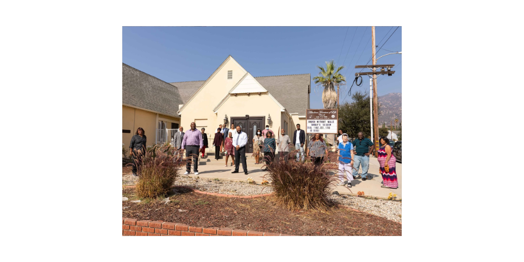 Members of Altadena Fountain of Life Church of the Nazarene, pictured with the building before it burned in the wildfires