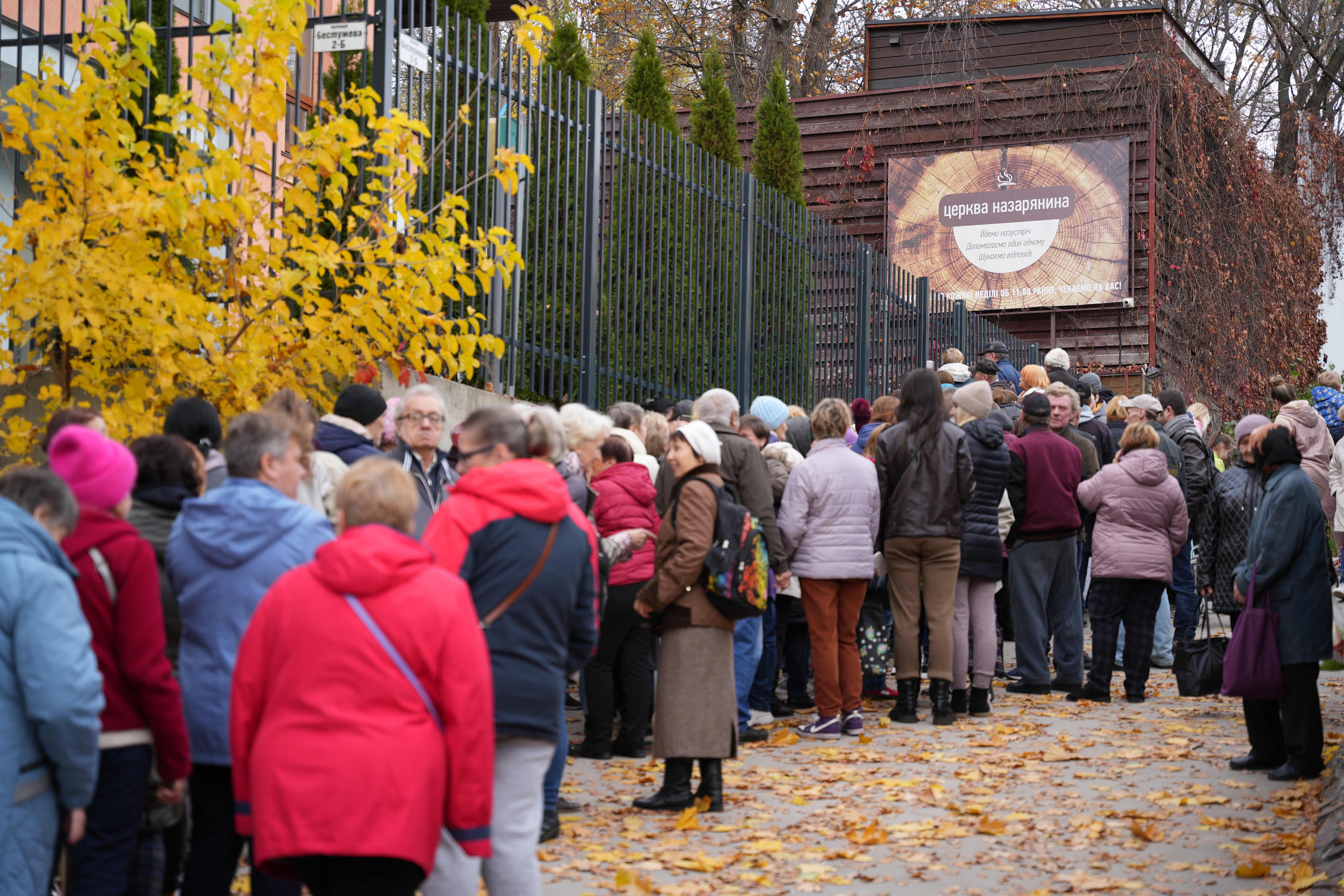 people in line for food