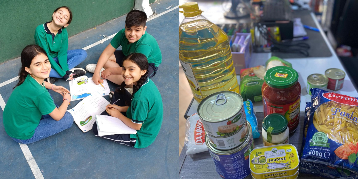 Kids at school and a view of food rations available for people in need